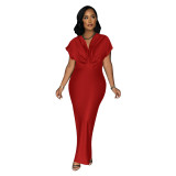 Fashionable Women's V-Neck Short-Sleeved Chic Slim-Fitting Back Slit Dress