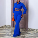 Women Plus Size Fashion Chic Turndown Collar Shirt High Waist Bell Bottom Pants Two Piece Suit