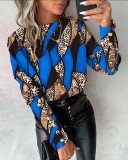 Spring Fashion Printed Long Sleeve Round Neck Button Shirt For Women