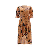 Casual Chic Printed Puff Sleeve V-Neck Lace-Up Dress