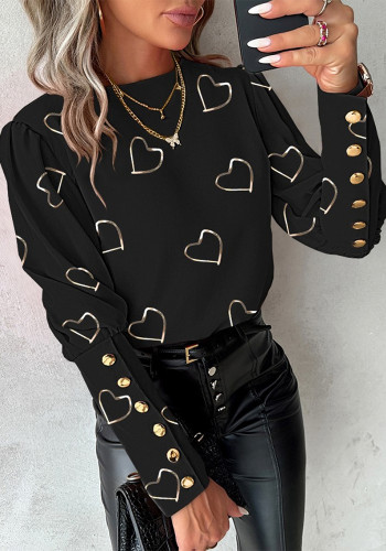 Spring Fashion Printed Long Sleeve Round Neck Button Shirt For Women