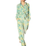 Women's Fashionable Loose Printed Long Sleeve Shirt Slit Wide Leg Pants Two Pieces Suit