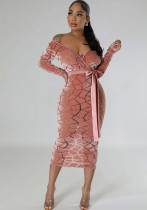 Women's Flocked Long Sleeve V-Neck Nightclub Dress