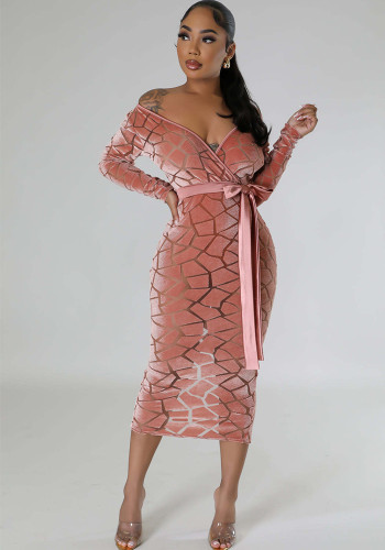 Women's Flocked Long Sleeve V-Neck Nightclub Dress