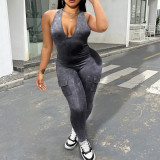 Women Sexy Backless Halter Neck V-neck Pocket Jumpsuit