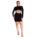 Sexy Rhinstone Patchwork Contrast Slim Waist Long Sleeve Bodycon Dress