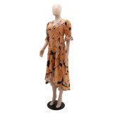 Casual Chic Printed Puff Sleeve V-Neck Lace-Up Dress