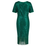Women's Sequin Tassel Dress Sexy Party Long Gown