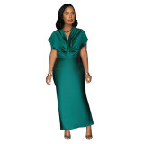 Fashionable Women's V-Neck Short-Sleeved Chic Slim-Fitting Back Slit Dress