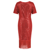 Women's Sequin Tassel Dress Sexy Party Long Gown