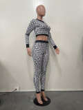 Autumn And Winter Women's Elastic Print Long-Sleeved Two-Piece Pants Set