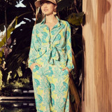 Women's Fashionable Loose Printed Long Sleeve Shirt Slit Wide Leg Pants Two Pieces Suit