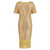 Women's Sequin Tassel Dress Sexy Party Long Gown