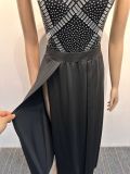 Sexy Beaded See-Through Low Back Mesh Bodysuit Slit Skirt Two-Piece Set