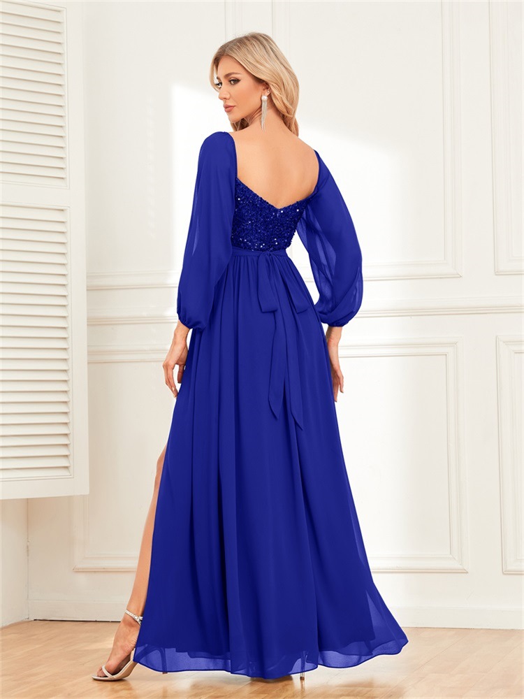 Women Elegant Off Shoulder Slit Lace Up Sequin Patchwork Chiffon Long Sleeve Evening Dress