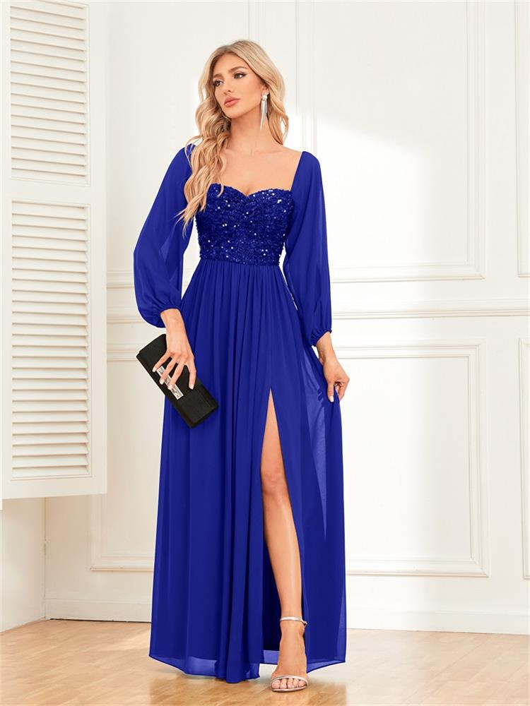 Women Elegant Off Shoulder Slit Lace Up Sequin Patchwork Chiffon Long Sleeve Evening Dress