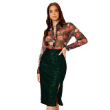 Women Slit Bodycon Sequined Skirt