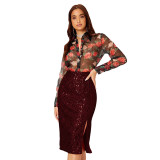 Women Slit Bodycon Sequined Skirt