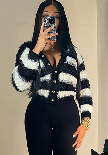 Women winter black and white striped single-breasted cardigan knitting shirt