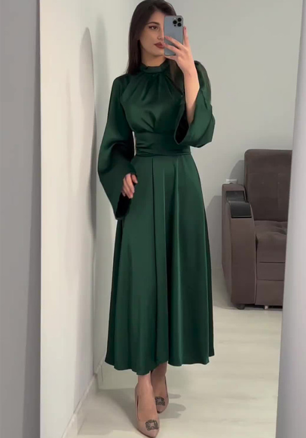 Women Lace-Up Solid Long Sleeve Dress