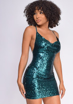 Women Sequin Backless Bodycon Hollow Strap Dress
