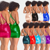 Women Sequin Backless Bodycon Hollow Strap Dress