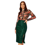 Women Slit Bodycon Sequined Skirt