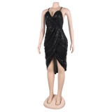 Sexy sequin strap slit dress nightclub dress