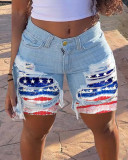 Spring Summer Patched Ripped Mid Women's Denim Shorts
