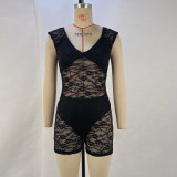 Women's Spring Summer Style Fashionable And Sexy Tight Fitting See-Through Lace Jumpsuit Underwear Two-Piece Set