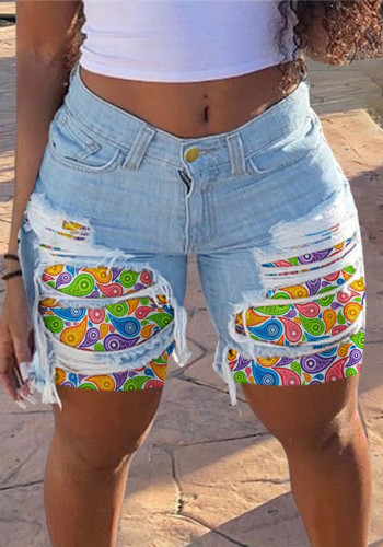 Spring Summer Patched Ripped Mid Women's Denim Shorts