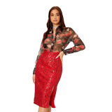 Women Slit Bodycon Sequined Skirt
