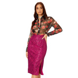 Women Slit Bodycon Sequined Skirt