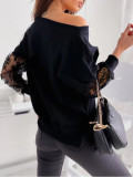 Spring Solid Color Chic Lace Patchwork Slash Shoulder Loose Long-Sleeved Lace Shirt