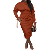 Women's Drawstring Long Sleeves Solid Color Pleated Dress