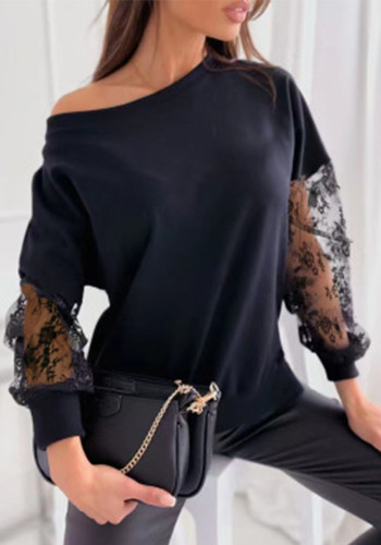 Spring Solid Color Chic Lace Patchwork Slash Shoulder Loose Long-Sleeved Lace Shirt