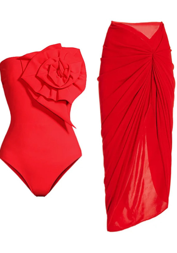 Solid Color Strapless Flower  One-Piece Swimsuit Skirt Set