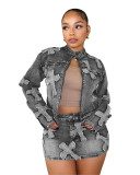 Spring Embroidered Denim Jacket Skirt Suit