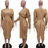 Women's Drawstring Long Sleeves Solid Color Pleated Dress