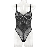 Women Pearl Lace Suspender See-Through Jumpsuit Sexy Lingerie