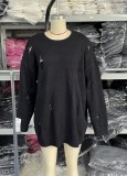 Women Casual Ripped Round Neck Loose Long Sleeve Sweater