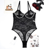 Women Pearl Lace Suspender See-Through Jumpsuit Sexy Lingerie