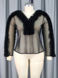 Sexy See-Through Long Sleeve Blouse V-Neck Mesh Patchwork Slim Waist Slim Fit Tops