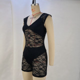 Women's Spring Summer Style Fashionable And Sexy Tight Fitting See-Through Lace Jumpsuit Underwear Two-Piece Set