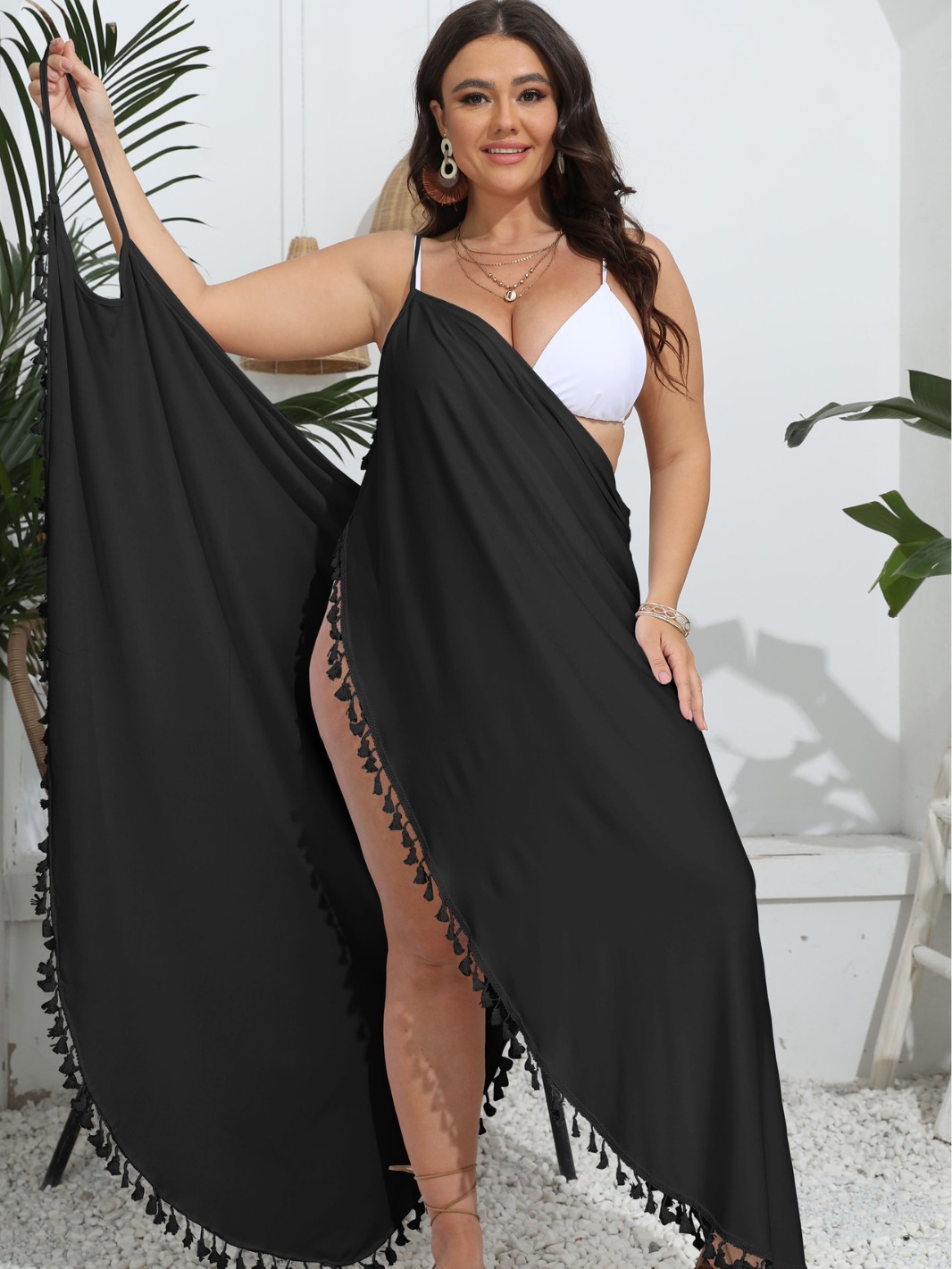 Plus Size Irregular Suspender Tassel Cover-Up Dress