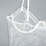 Women Pearl Lace Suspender See-Through Jumpsuit Sexy Lingerie