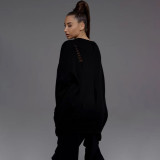 Women Casual Ripped Round Neck Loose Long Sleeve Sweater