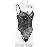 Women Pearl Lace Suspender See-Through Jumpsuit Sexy Lingerie