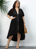 Plus Size Women Polka Dot Chiffon Shirt Beach Sunscreen Irregular Lace-Up Dress