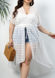 Plus Size Women Polka Dot Chiffon Shirt Beach Sunscreen Irregular Lace-Up Dress